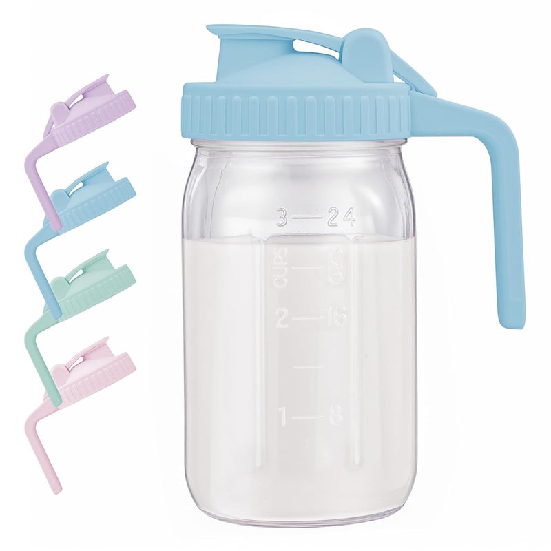 AoeJarry Breast Milk Pitcher with Leak Proof Flip Cap & Pour Spout, 32 oz Wide Mouth Mason Jars for Breast Milk Storage Container, Glass Picther with Lid for Cold Brew Coffee, Sun Tea, Juices, Blue - Image 1